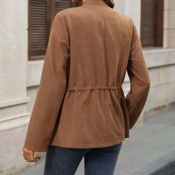 Brown Casual Women's Drawstring Waist Coat - Picture 3 of 8